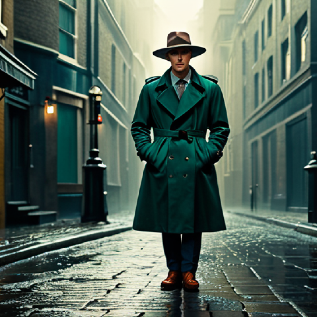 A professional individual in a modest, deep forest green trench coat and a wide-brimmed vintage hat, standing contemplatively on a wet cobblestone street in a retro-futuristic London alley. The scene is bathed in muted sepia and deep blue tones, with cinematic, dramatic lighting casting long, intricate shadows from ornate gas lamps. Rain streaks subtly create a soft, ethereal glow. Oil painting aesthetic, high detail, masterpiece, perfect anatomy, correct proportions, natural pose, well-formed hands, proper finger count. safe for work, appropriate content, fully clothed, professional dress, family-friendly.