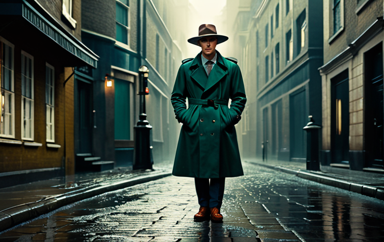 A professional individual in a modest, deep forest green trench coat and a wide-brimmed vintage hat, standing contemplatively on a wet cobblestone street in a retro-futuristic London alley. The scene is bathed in muted sepia and deep blue tones, with cinematic, dramatic lighting casting long, intricate shadows from ornate gas lamps. Rain streaks subtly create a soft, ethereal glow. Oil painting aesthetic, high detail, masterpiece, perfect anatomy, correct proportions, natural pose, well-formed hands, proper finger count. safe for work, appropriate content, fully clothed, professional dress, family-friendly.