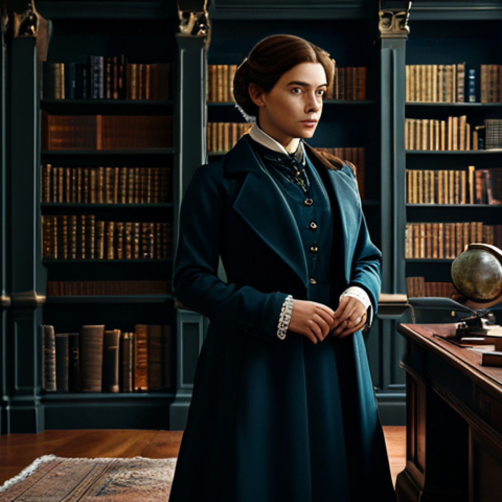 A professional female character, evoking a mysterious scholar, standing thoughtfully. She is fully clothed in a modest, dark academia-inspired tailored suit with intricate Victorian details, featuring a high-collared blouse and a long, elegant coat. The setting is a grand, vintage library with floor-to-ceiling bookshelves and an antique desk. The image has an oil painting aesthetic, with rich textures, deep colors, and atmospheric lighting. Perfect anatomy, correct proportions, natural pose, well-formed hands, proper finger count, natural body proportions, professional photography, high quality, safe for work, appropriate content, fully clothed, modest.