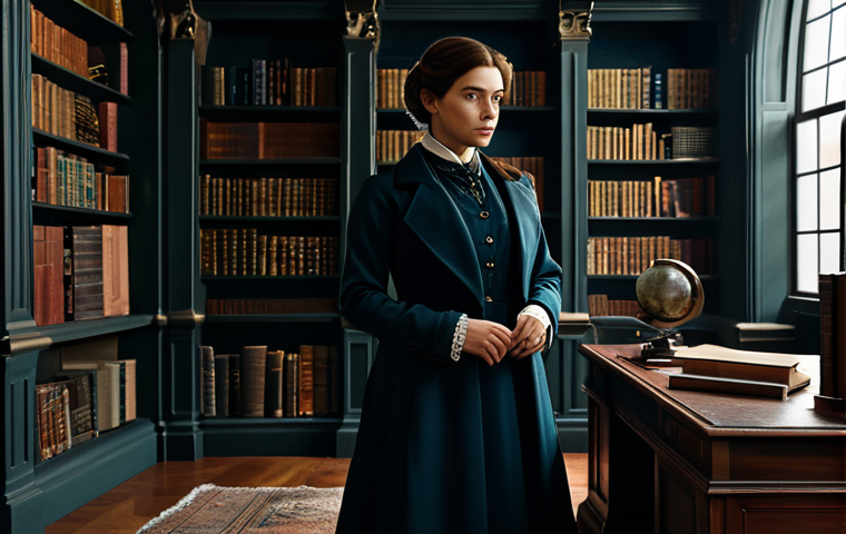 A professional female character, evoking a mysterious scholar, standing thoughtfully. She is fully clothed in a modest, dark academia-inspired tailored suit with intricate Victorian details, featuring a high-collared blouse and a long, elegant coat. The setting is a grand, vintage library with floor-to-ceiling bookshelves and an antique desk. The image has an oil painting aesthetic, with rich textures, deep colors, and atmospheric lighting. Perfect anatomy, correct proportions, natural pose, well-formed hands, proper finger count, natural body proportions, professional photography, high quality, safe for work, appropriate content, fully clothed, modest.
