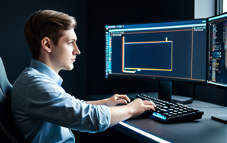 A focused young adult, fully clothed in modest, professional casual attire, sits at a modern gaming desk. Their hands rest naturally on a keyboard, looking thoughtfully at a large monitor displaying a stylized, complex game interface with abstract data streams. The environment is clean and well-lit, suggesting a personal space for gaming, conveying contemplation about ethical choices. safe for work, appropriate content, professional, perfect anatomy, correct proportions, natural pose, well-formed hands, proper finger count, natural body proportions, high-quality, professional photography.
