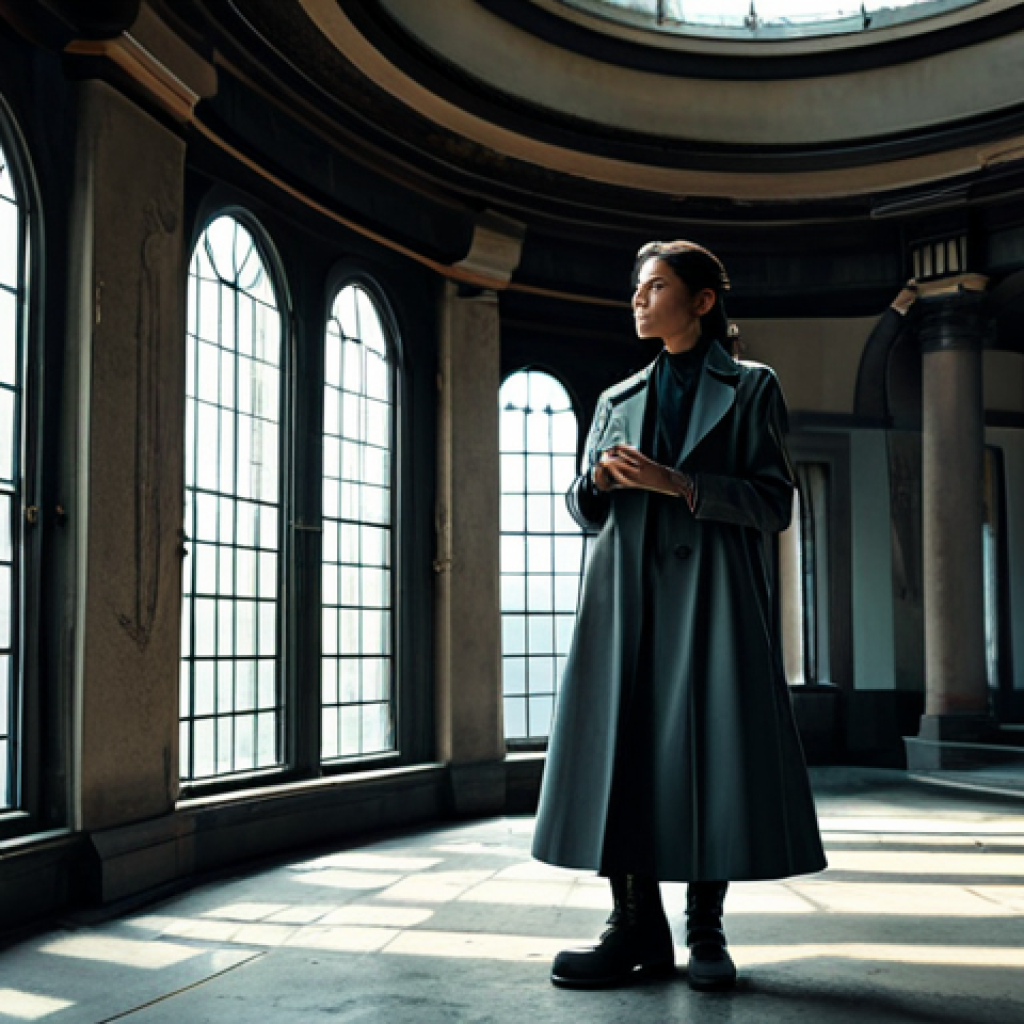 A sophisticated female "mystic arcanist" character in a grand, abandoned observatory. She wears a modest, long trench coat over a collared blouse and tailored trousers, with practical, polished boots. Her attire is fully clothed, professional, and incorporates subtle retro-futuristic design elements. She stands in a contemplative, natural pose, her hands gently clasped. The observatory is filled with intricate, silent clockwork mechanisms and aged scientific instruments. Soft, diffused light filters through high, arched windows, casting long shadows, creating a quiet, mysterious atmosphere. Perfect anatomy, correct proportions, natural pose, well-formed hands, proper finger count, natural body proportions. Professional photography, high detail, cinematic lighting, ultra-realistic. Safe for work, appropriate content, fully clothed, modest clothing, family-friendly.