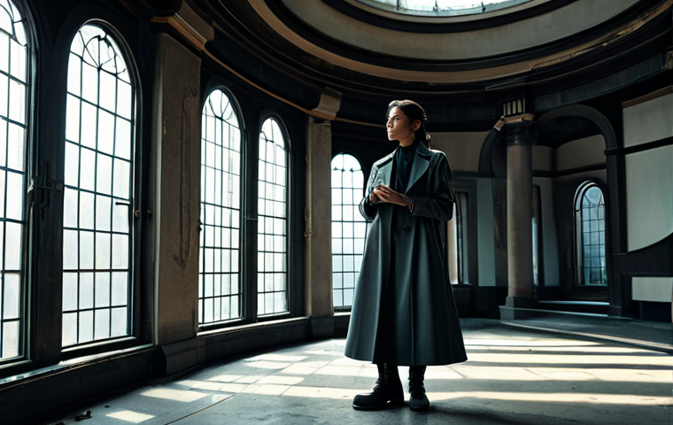A sophisticated female "mystic arcanist" character in a grand, abandoned observatory. She wears a modest, long trench coat over a collared blouse and tailored trousers, with practical, polished boots. Her attire is fully clothed, professional, and incorporates subtle retro-futuristic design elements. She stands in a contemplative, natural pose, her hands gently clasped. The observatory is filled with intricate, silent clockwork mechanisms and aged scientific instruments. Soft, diffused light filters through high, arched windows, casting long shadows, creating a quiet, mysterious atmosphere. Perfect anatomy, correct proportions, natural pose, well-formed hands, proper finger count, natural body proportions. Professional photography, high detail, cinematic lighting, ultra-realistic. Safe for work, appropriate content, fully clothed, modest clothing, family-friendly.