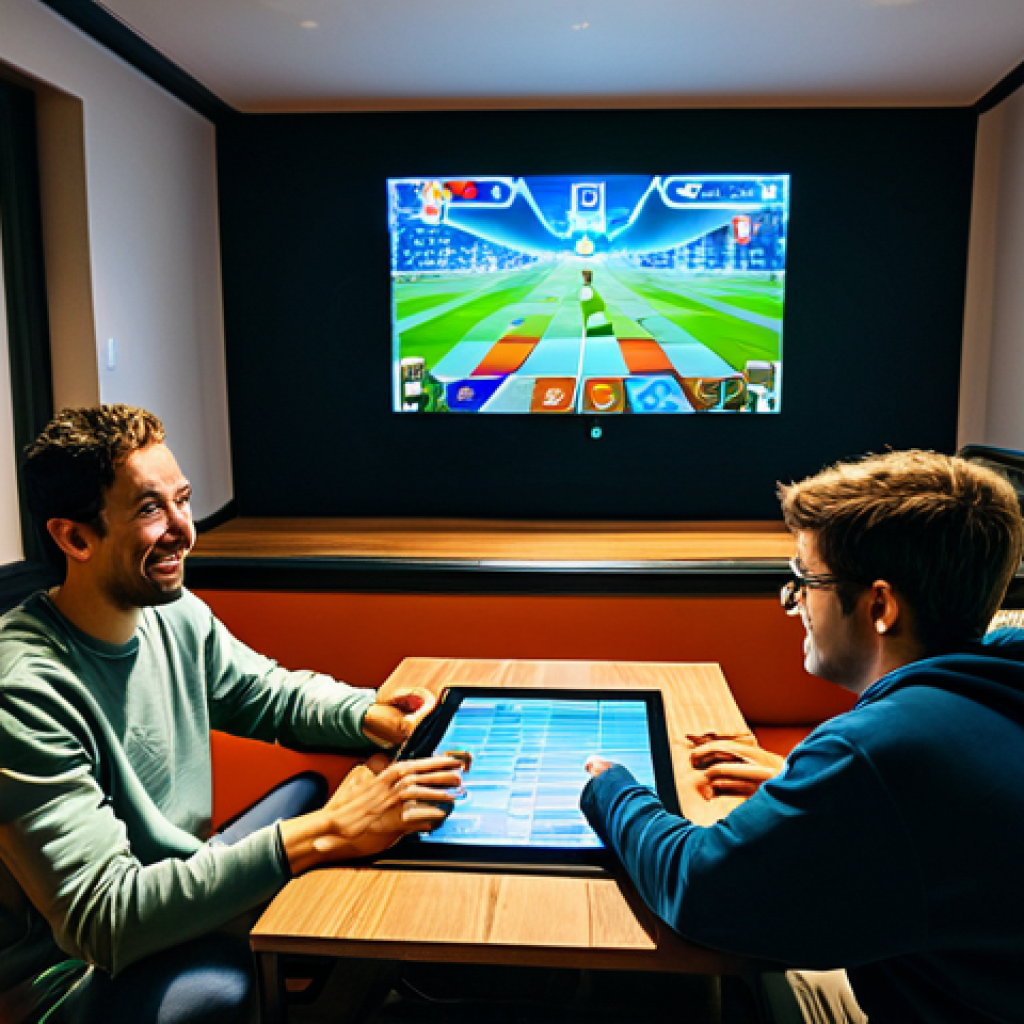 A diverse group of four "Reverse: 1999" players gathered in a cozy, well-lit community lounge. A new player attentively looks at a tablet held by an experienced player who is pointing to a strategy guide. Two other players are engaged in a friendly discussion in the background. All individuals are fully clothed in modern, casual, and modest attire, such as sweaters, t-shirts, and comfortable pants. The lounge features comfortable sofas and a large screen subtly displaying "Reverse: 1999" interface elements. Art prints related to game themes adorn the walls. Professional photography, high quality, perfect anatomy, correct proportions, natural pose, well-formed hands, proper finger count, natural body proportions, vibrant colors, soft lighting. safe for work, appropriate content, fully clothed, family-friendly.