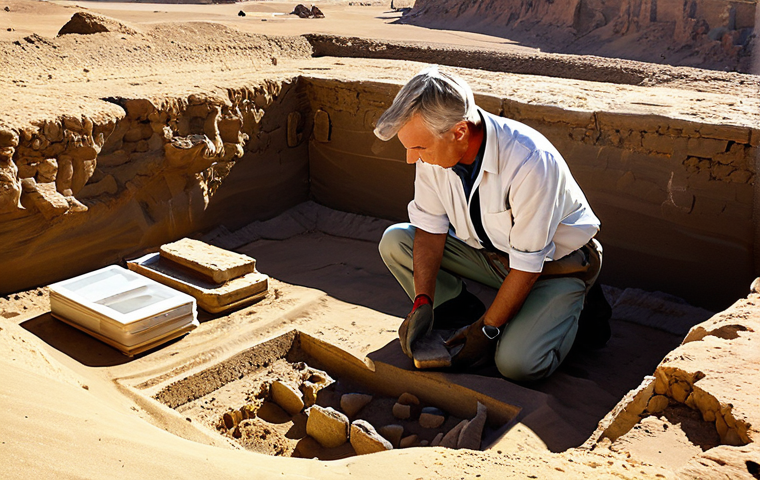 **

A professional archaeologist, fully clothed in practical attire, examining ancient artifacts in a vast, sunlit desert excavation site, safe for work, appropriate content, perfect anatomy, natural proportions, professional photography, high quality, modest clothing, family-friendly.

**