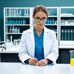 **Prompt:** A confident female scientist in a fully clothed, professional lab coat, working at a high-tech laboratory bench with beakers and equipment, safe for work, perfect anatomy, natural proportions, bright and clean lighting, professional photography, high quality, appropriate content, modest attire.