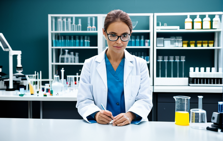 **Prompt:** A confident female scientist in a fully clothed, professional lab coat, working at a high-tech laboratory bench with beakers and equipment, safe for work, perfect anatomy, natural proportions, bright and clean lighting, professional photography, high quality, appropriate content, modest attire.