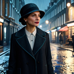 리버스 1999 개발자 인터뷰 - A stylish woman in a fully clothed, modest 1920s-inspired outfit, including a hat, standing on a rai...