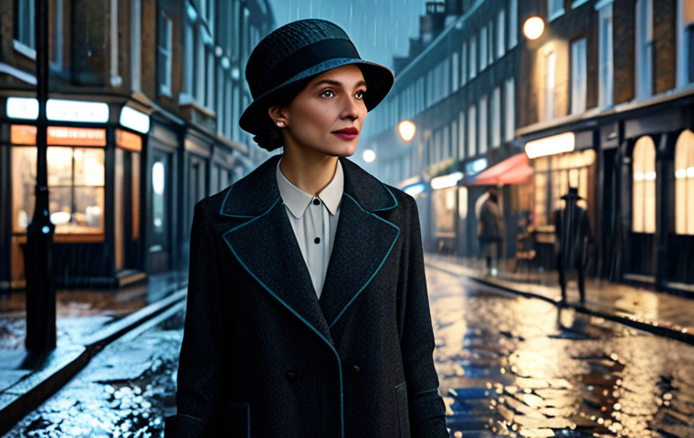 리버스 1999 개발자 인터뷰 - A stylish woman in a fully clothed, modest 1920s-inspired outfit, including a hat, standing on a rai...