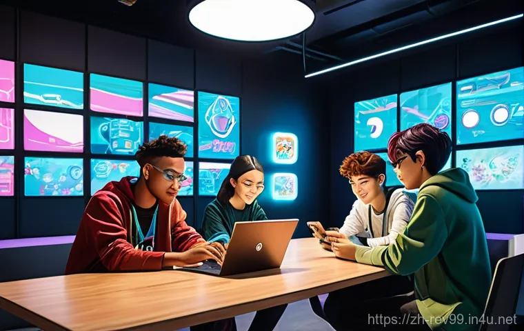 리버스 1999 팬 커뮤니티 트렌드 - **Prompt 1: Community & Collaborative Creation**
    "A vibrant and diverse group of young adults an...