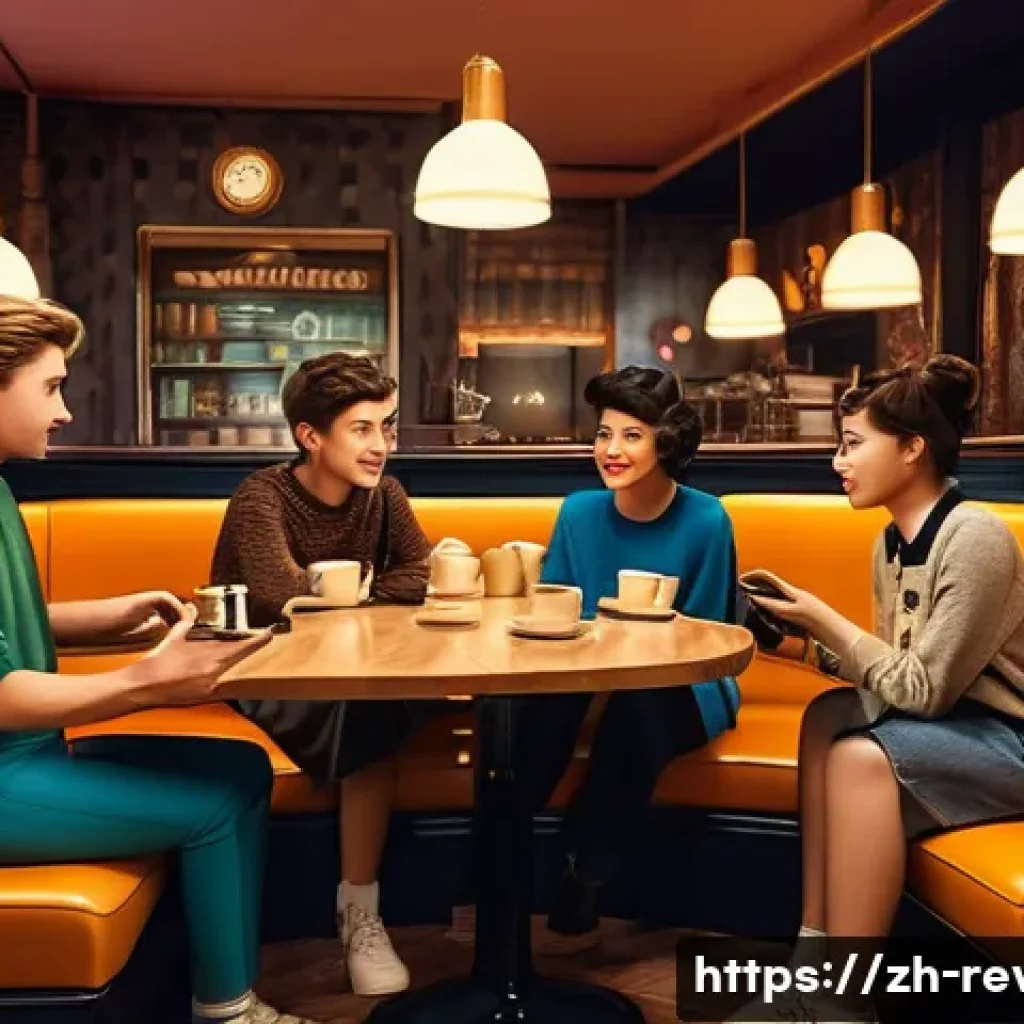 리버스 1999 팬 커뮤니티에서의 활동 - **Prompt 1: Retro Cafe Community Gathering**
A vibrant, cinematic scene inside a cozy, retro-fut...