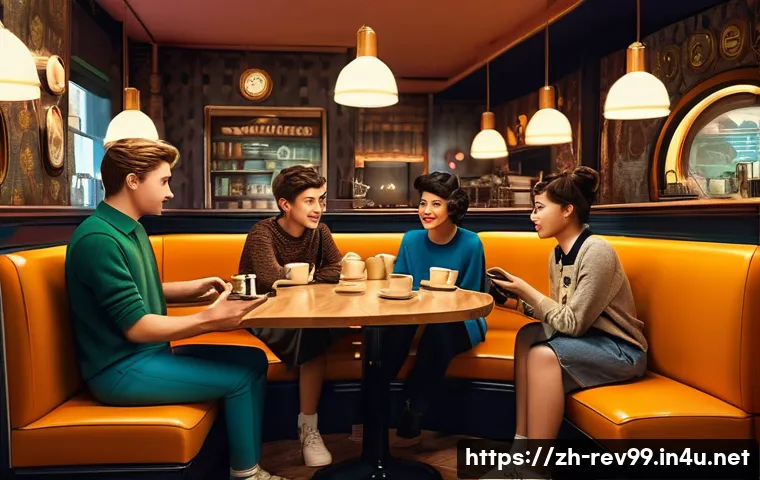 리버스 1999 팬 커뮤니티에서의 활동 - **Prompt 1: Retro Cafe Community Gathering**
    A vibrant, cinematic scene inside a cozy, retro-fut...