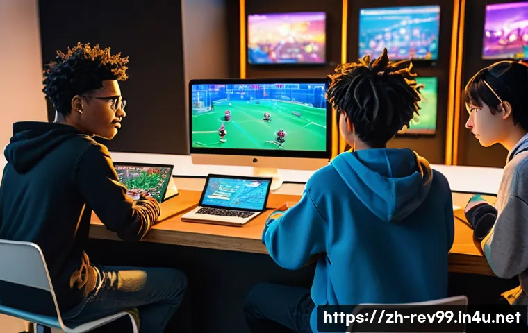 리버스 1999 팬 커뮤니티 활용 방법 - **Prompt:** A group of diverse young adults, around 18-25 years old, in a brightly lit, modern gamin...