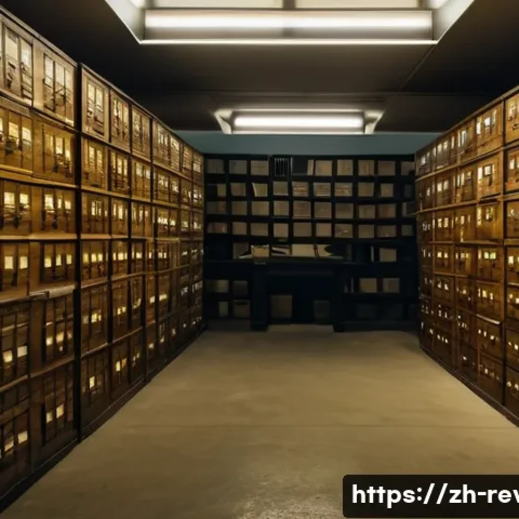리버스 1999 숨겨진 콘텐츠 공개 - A dimly lit archival room filled with rows of old wooden filing cabinets and stacks of yellowed docu...