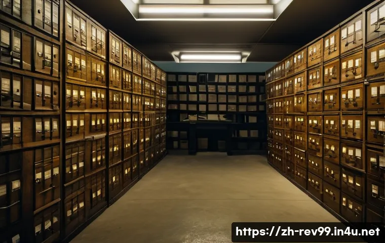 리버스 1999 숨겨진 콘텐츠 공개 - A dimly lit archival room filled with rows of old wooden filing cabinets and stacks of yellowed docu...