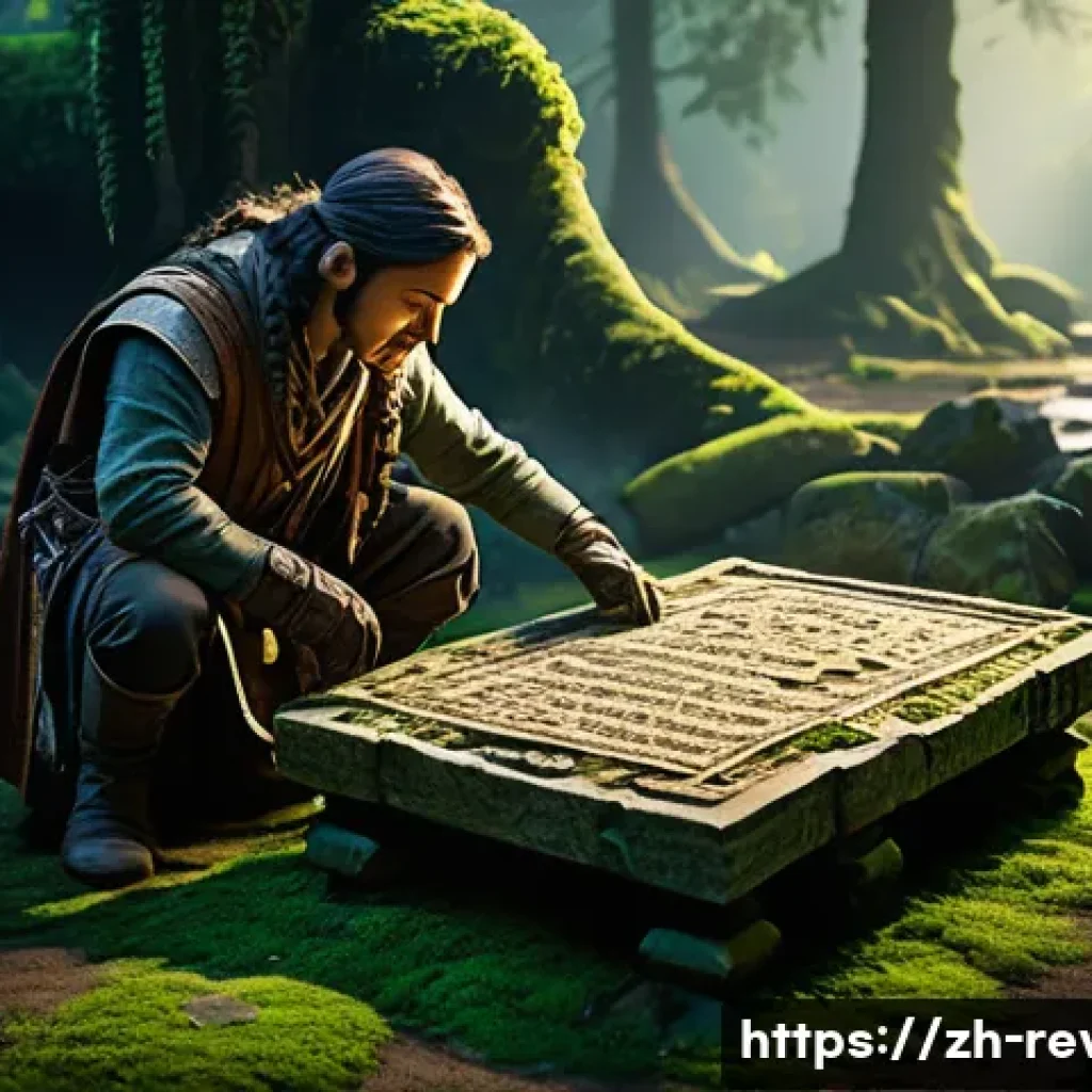 리버스 1999 지역별 퀘스트 차이 - A mysterious ancient ruins site in a lush forest, featuring intricate stone carvings and hidden mech...