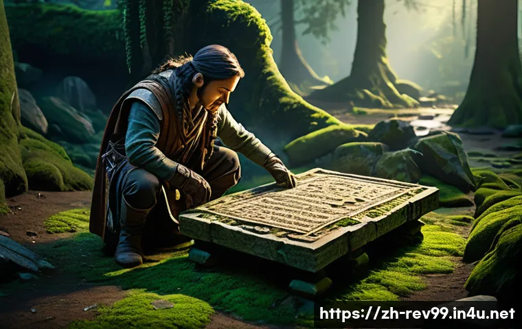 리버스 1999 지역별 퀘스트 차이 - A mysterious ancient ruins site in a lush forest, featuring intricate stone carvings and hidden mech...