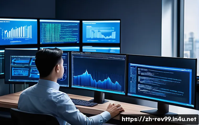 리버스 1999 고급 유저 가이드 - A high-tech digital workspace showing a skilled reverse engineer analyzing complex software code on ...