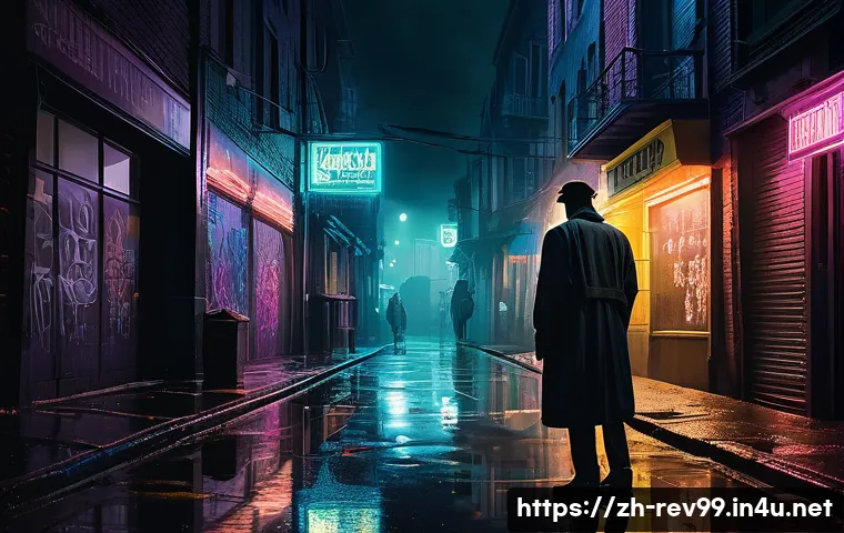 리버스 1999 스토리 라인의 매력 - A moody, atmospheric scene depicting a mysterious urban street at night from the late 1990s, with ne...
