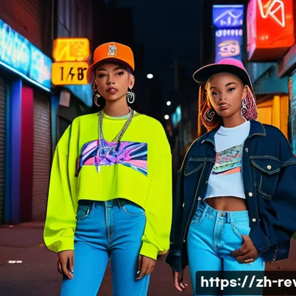 리버스 1999 트렌드 분석 - A vibrant 1999 street fashion scene featuring young adults wearing oversized graphic T-shirts, loose...