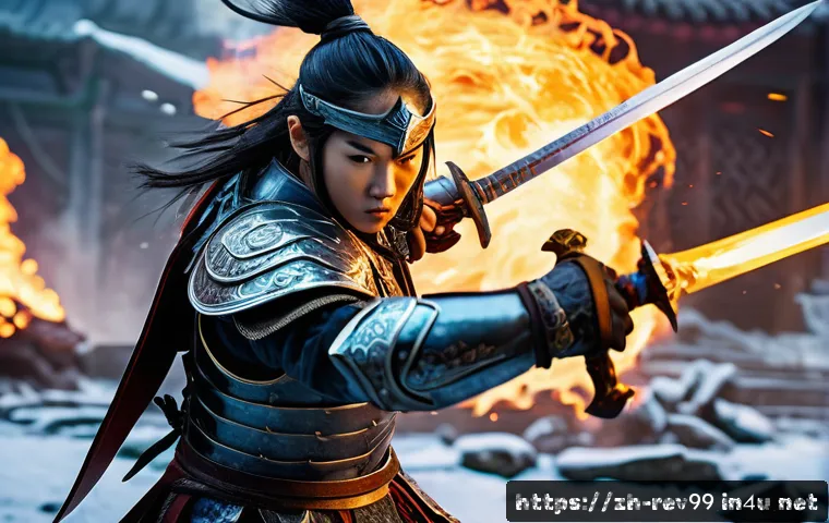 리버스 1999 속성 별 스킬 분석 - A dynamic battle scene featuring a skilled warrior clad in intricately designed armor with visible a...