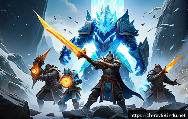 리버스 1999 최고의 PvE 전략 - A dynamic battle scene from a fantasy PvE game featuring a diverse team of heroes in action. The cen...