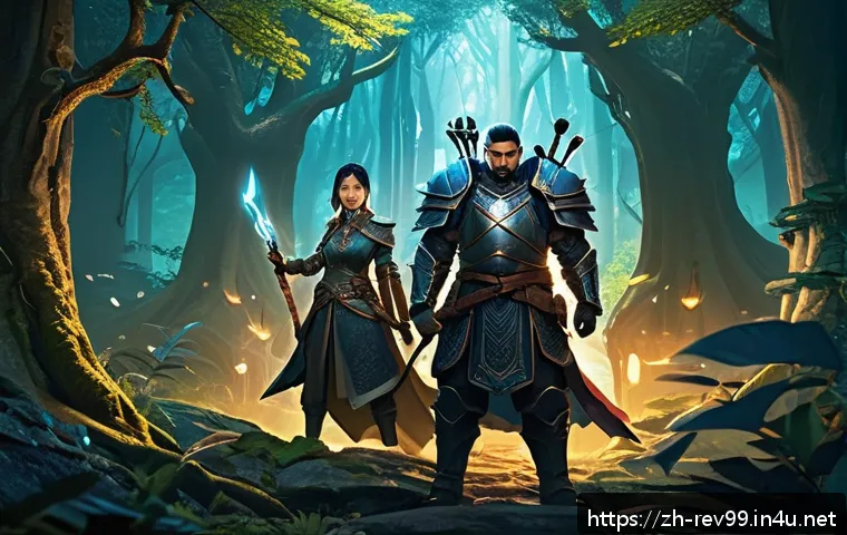 리버스 1999 초보자를 위한 레벨링 가이드 - A detailed fantasy RPG scene featuring a diverse team of three characters preparing for battle in a ...