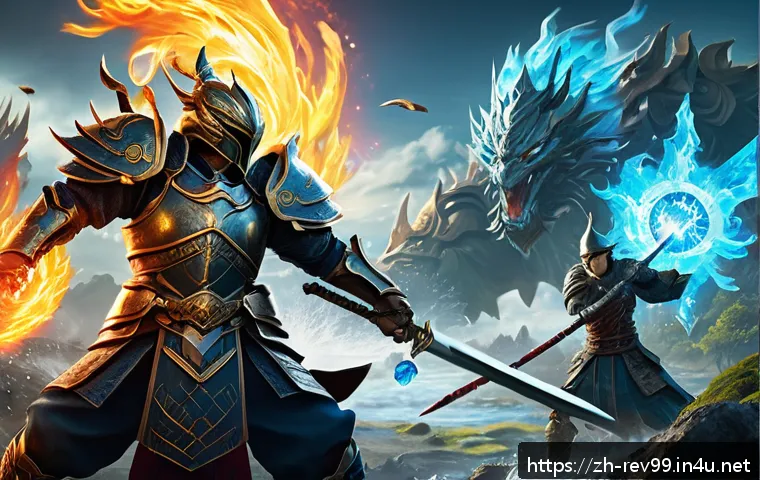 리버스 1999 RPG 용어 사전 - A dynamic RPG battle scene featuring a male warrior clad in detailed fantasy armor wielding a glowin...