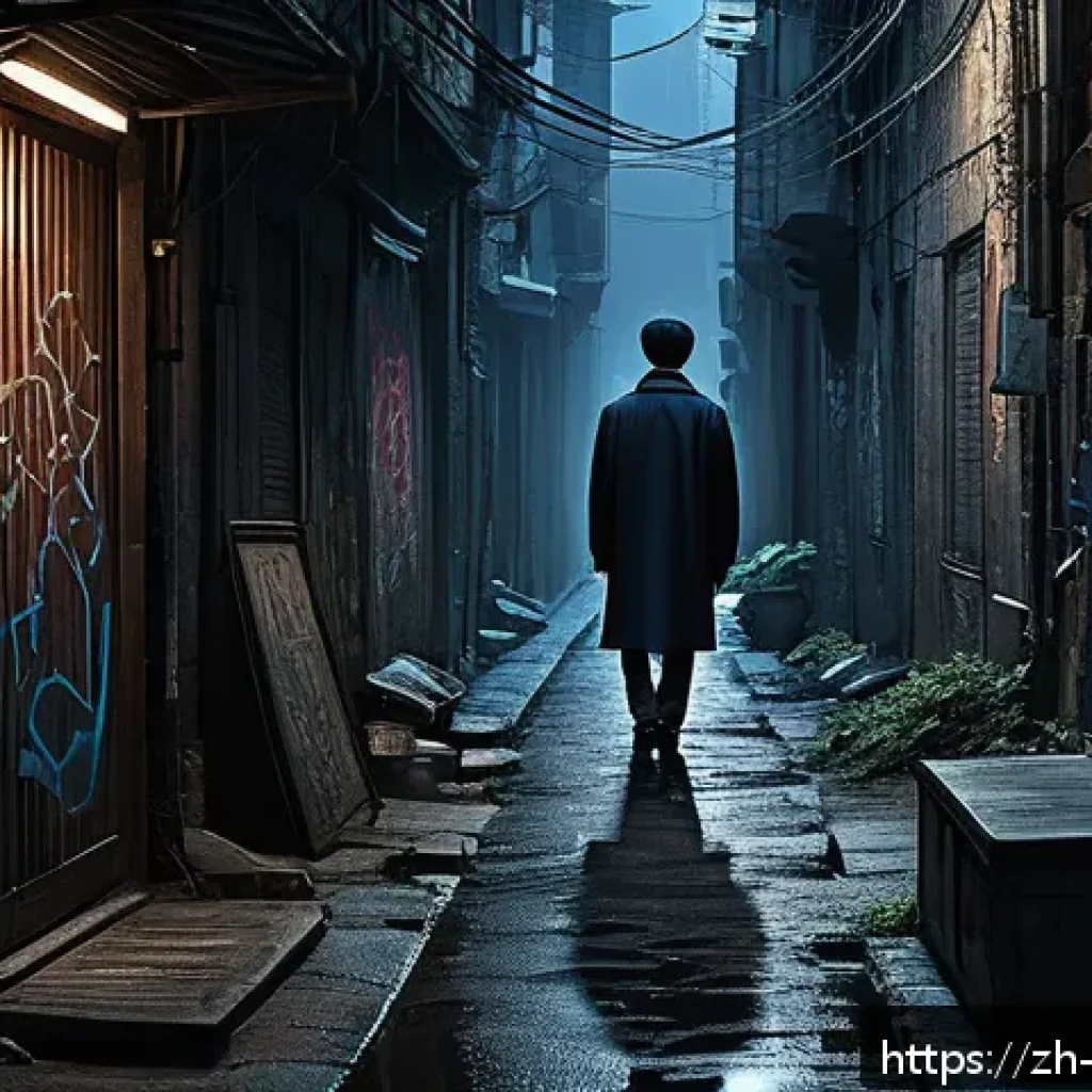 리버스 1999 스토리 요약 - A mysterious dark urban alley at night illuminated by cold, dim blue and gray tones, with detailed g...