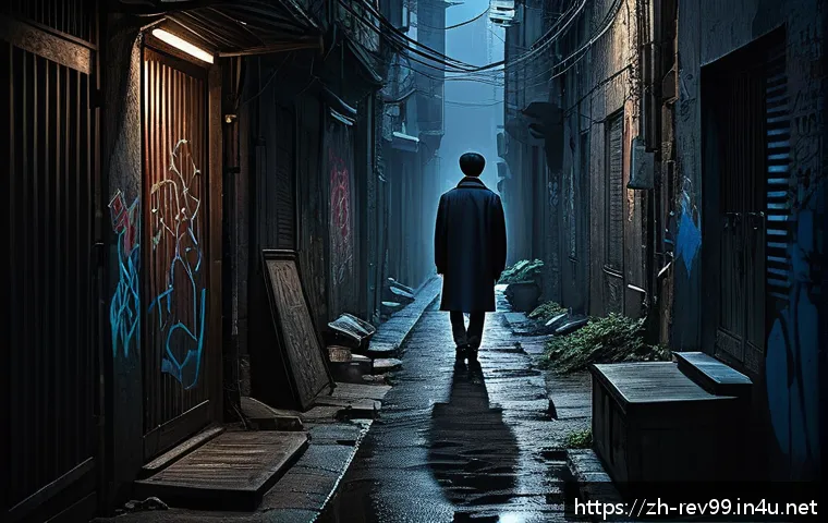 리버스 1999 스토리 요약 - A mysterious dark urban alley at night illuminated by cold, dim blue and gray tones, with detailed g...
