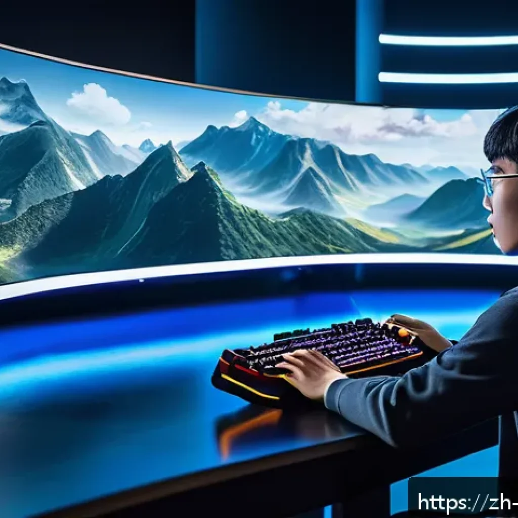 리버스 1999 게임 외부 툴 활용 - A futuristic gaming setup scene featuring a young adult player intensely focused on a large curved m...