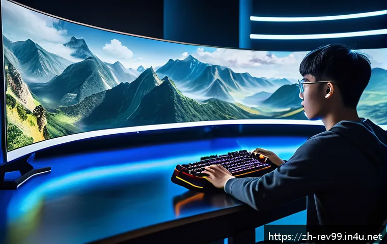 리버스 1999 게임 외부 툴 활용 - A futuristic gaming setup scene featuring a young adult player intensely focused on a large curved m...