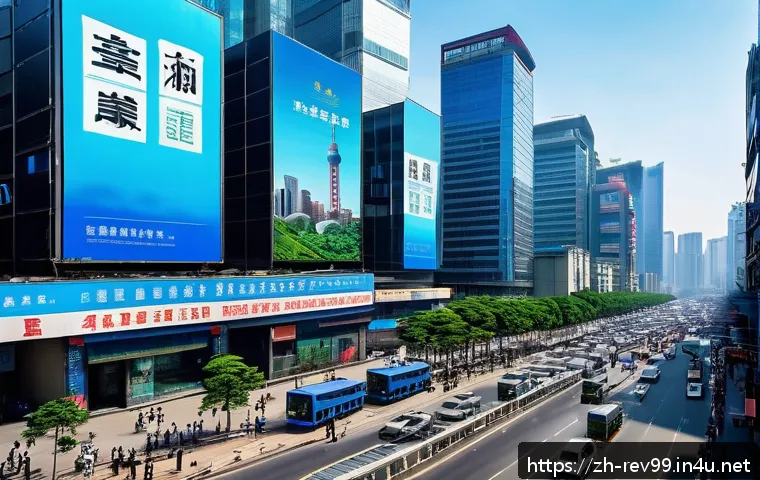 리버스 1999 매출 비교 분석 - A modern Chinese urban business district in 1999 during daytime, bustling with people in business at...