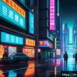 리버스 1999 개발자의 비하인드 이야기 - A futuristic cyberpunk cityscape at night, illuminated by neon lights and holographic advertisements...