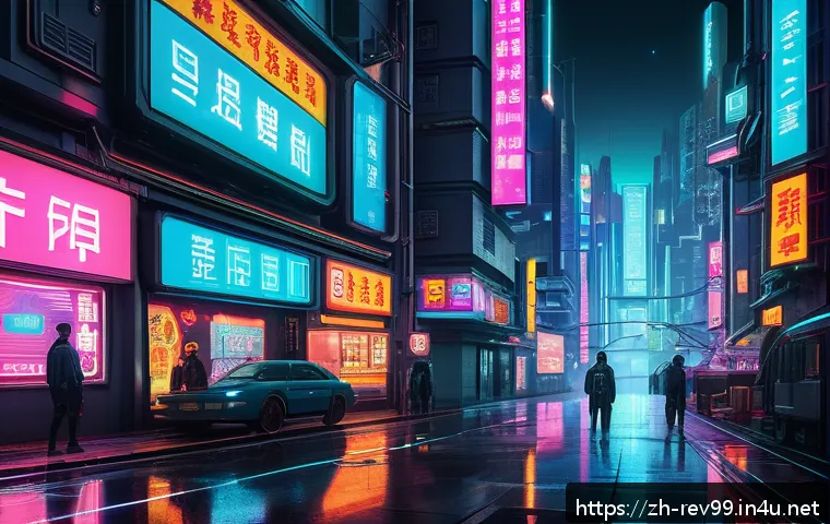 리버스 1999 개발자의 비하인드 이야기 - A futuristic cyberpunk cityscape at night, illuminated by neon lights and holographic advertisements...