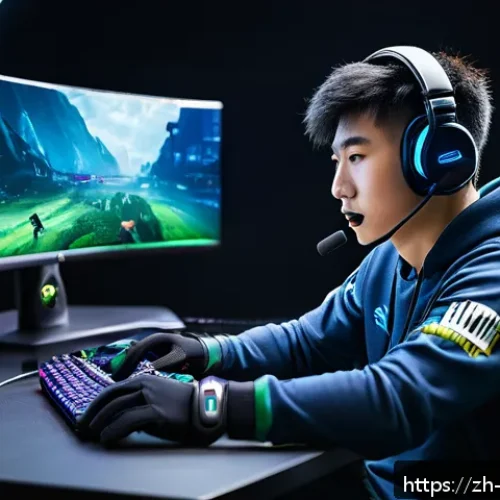 리버스 1999 글로벌 베스트 유저 - A focused esports player sitting at a high-tech gaming setup, wearing a headset and gaming gloves, i...