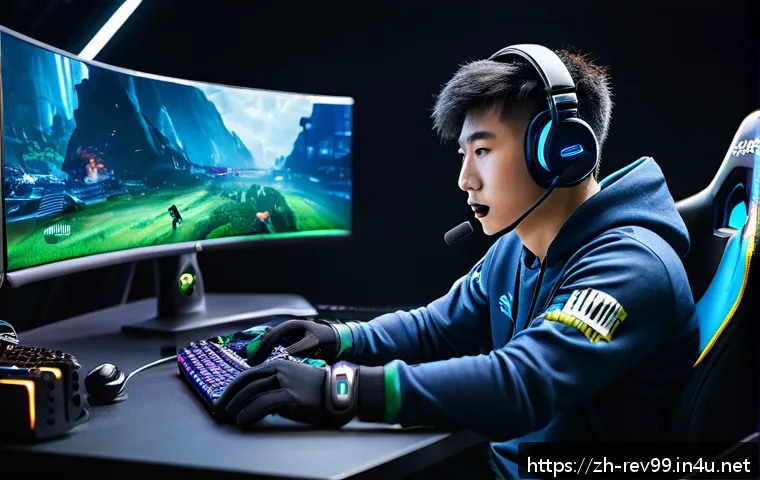 리버스 1999 글로벌 베스트 유저 - A focused esports player sitting at a high-tech gaming setup, wearing a headset and gaming gloves, i...