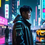 리버스 1999 공식 위키 활용법 - A mysterious futuristic cityscape at night, illuminated by neon lights and holographic billboards, b...