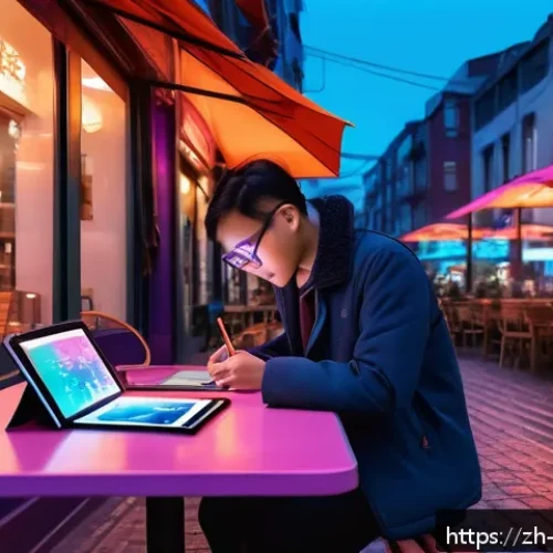리버스 1999 팬아트 대회 공지 - A cozy urban street scene at dusk with vibrant neon signs glowing in blues and pinks, featuring a yo...