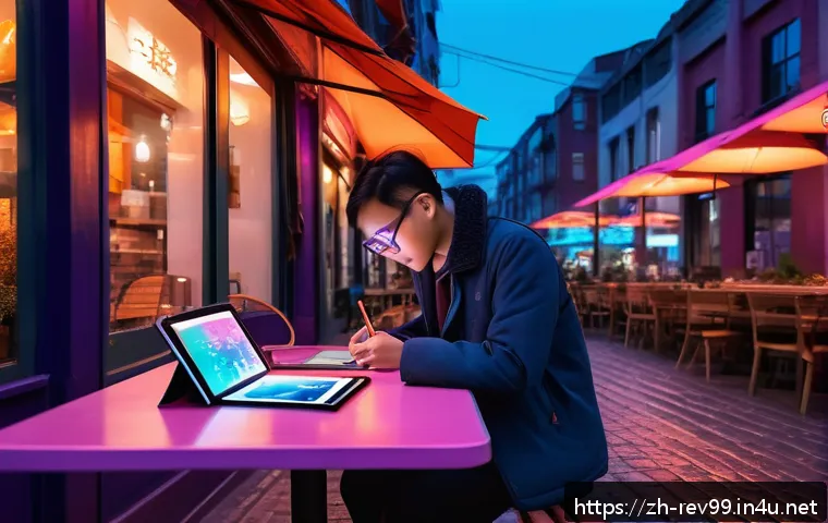리버스 1999 팬아트 대회 공지 - A cozy urban street scene at dusk with vibrant neon signs glowing in blues and pinks, featuring a yo...