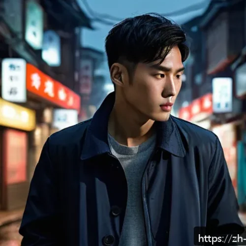 리버스 1999 주요 캐릭터 분석 - A calm and composed young man standing in a dimly lit urban alley at night, wearing a dark navy tail...