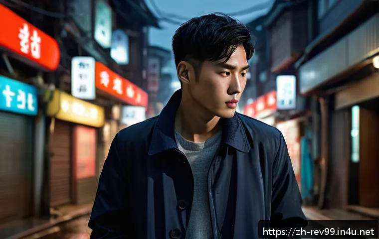 리버스 1999 주요 캐릭터 분석 - A calm and composed young man standing in a dimly lit urban alley at night, wearing a dark navy tail...
