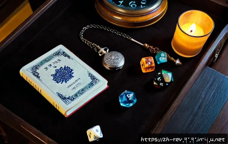 리버스 1999 최고의 아이템 세팅 - Photorealistic premium fantasy RPG equipment setup on a dark oak desk: an antique pocket watch, poli...