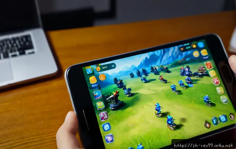 리버스 1999 모바일 앱 성능 테스트 - Photorealistic close-up of a modern smartphone running a colorful fantasy role-playing mobile game d...