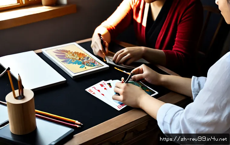 리버스 1999 팬과의 협력 콘텐츠 - Photorealistic tabletop scene of a diverse group of adult game fans collaborating on handmade fan ar...